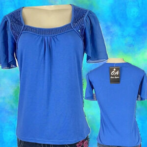 Once Again M Blue Square Neckline Sequin Accent Mesh Short Sleeve Top
